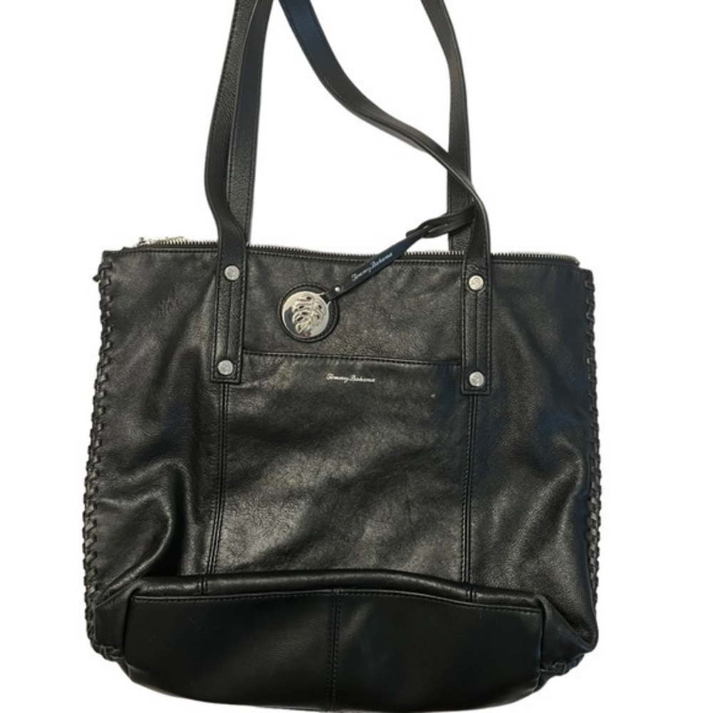 Tommy Bahama Black Leather Zip Top Tote Handbag, Whipstitched